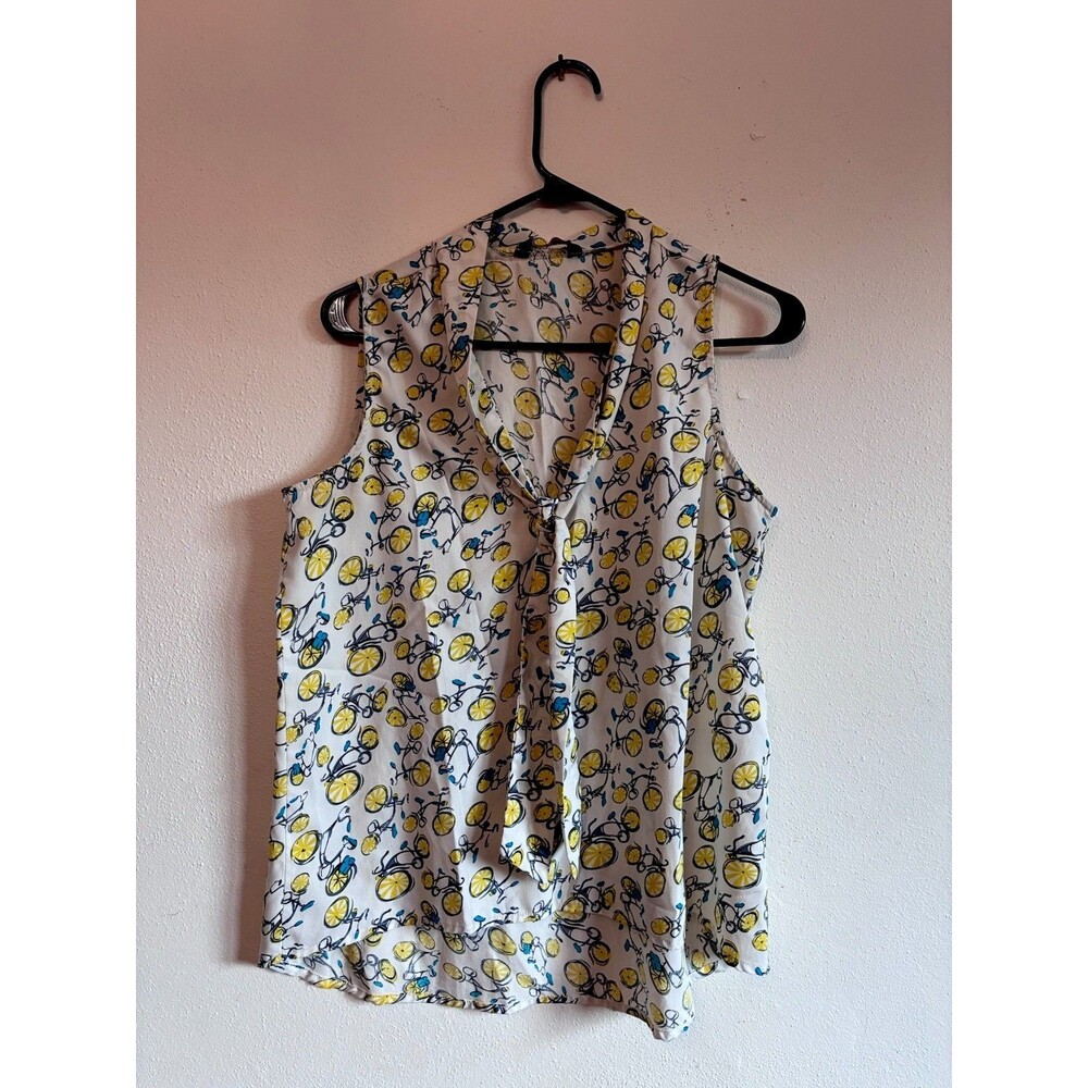 Indulge In Style Women’s Sleeveless Blouse XL Tie Neck Lemon Bicycle Print Top